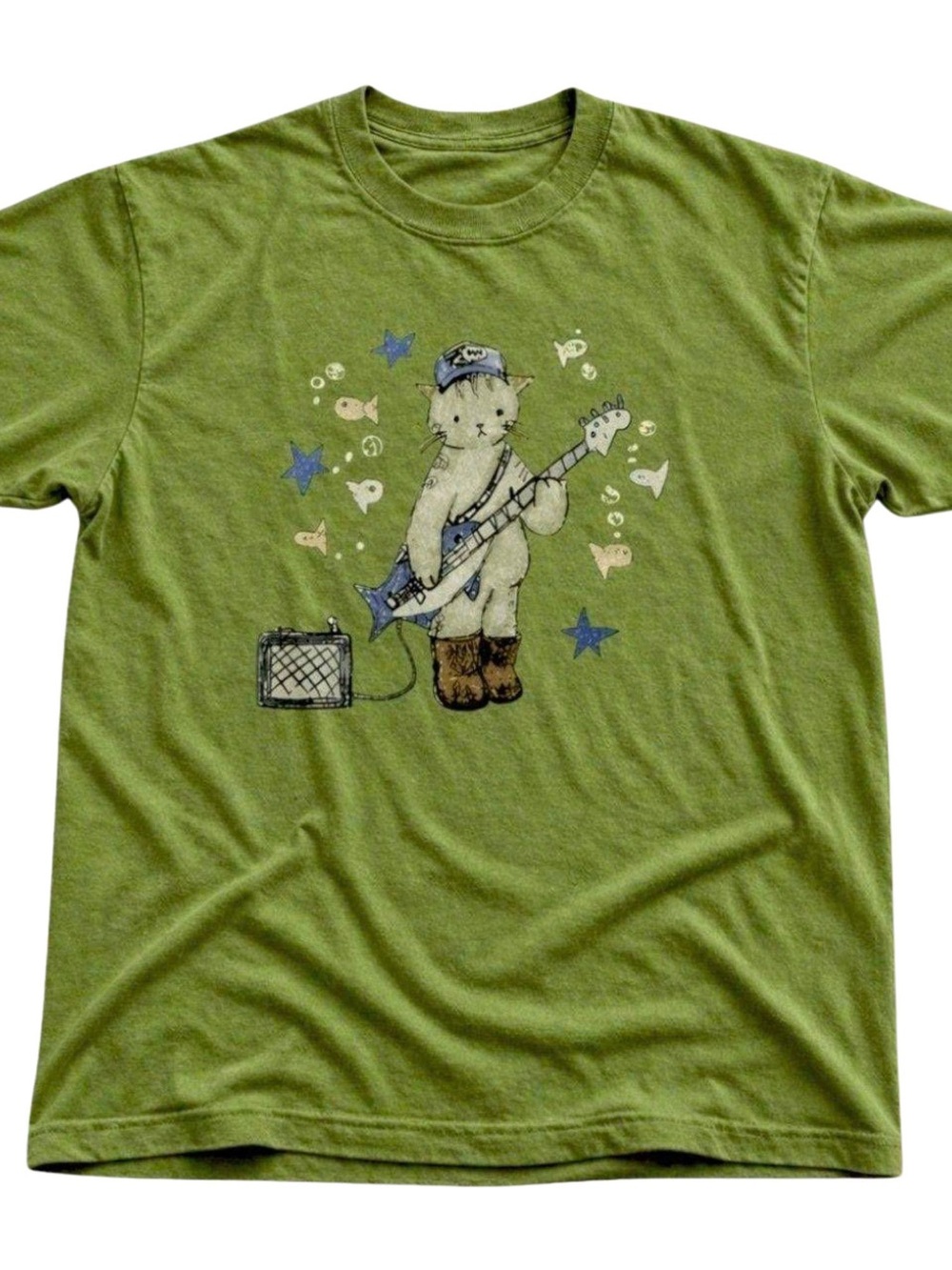 Gildan Green Graphic Tee with Bear Playing Guitar